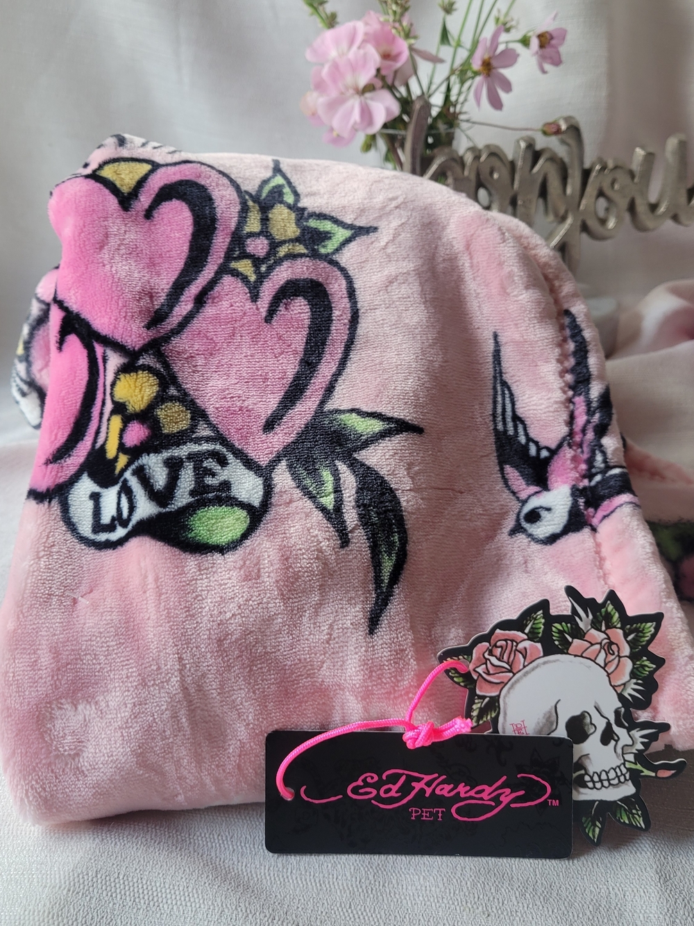 Ed Hardy Pet Throw with Tattoo, Heart & Skull Design